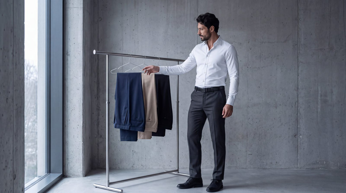 Hombre con pantalón de vestir gris oscuro, camisa blanca y zapatos negros junto a un perchero con pantalones de vestir azul marino, beige y negro