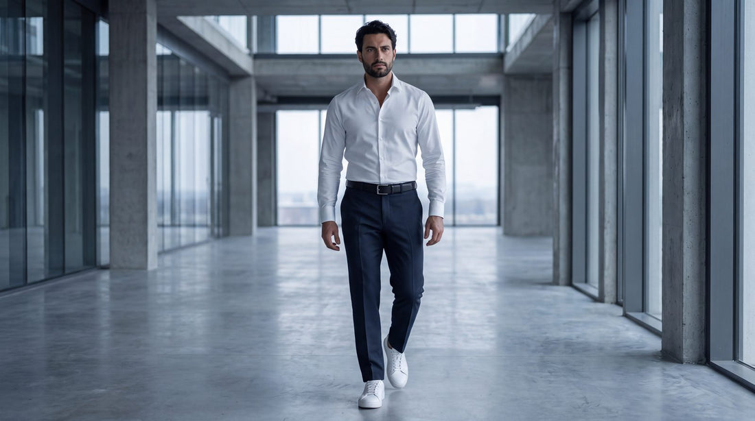 Hombre caminando con pantalón de vestir azul marino, camisa blanca por dentro y tenis blancos de piel lisos