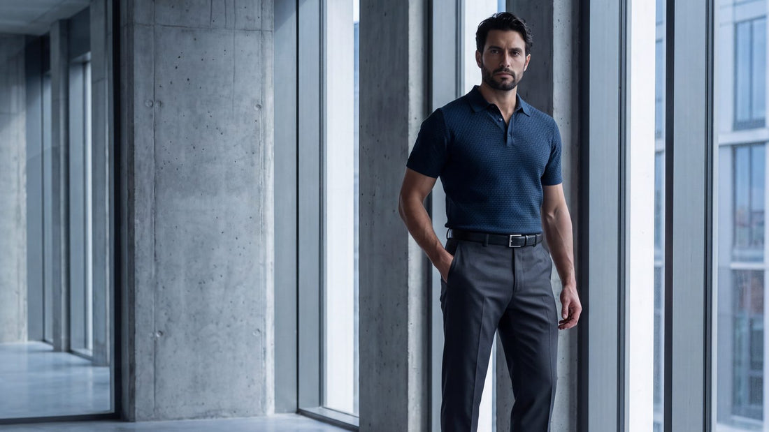 Hombre en una oficina con un polo de punto azul metido por dentro de un pantalón de vestir gris y cinturón negro