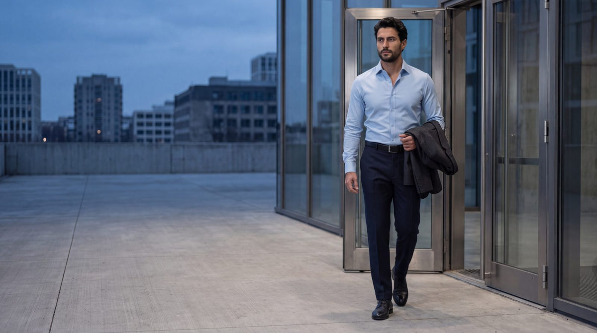 Hombre con camisa azul claro, pantalón de vestir azul marino y cinturón negro sale de un edificio de oficinas de cristal con un saco gris marengo sobre el brazo