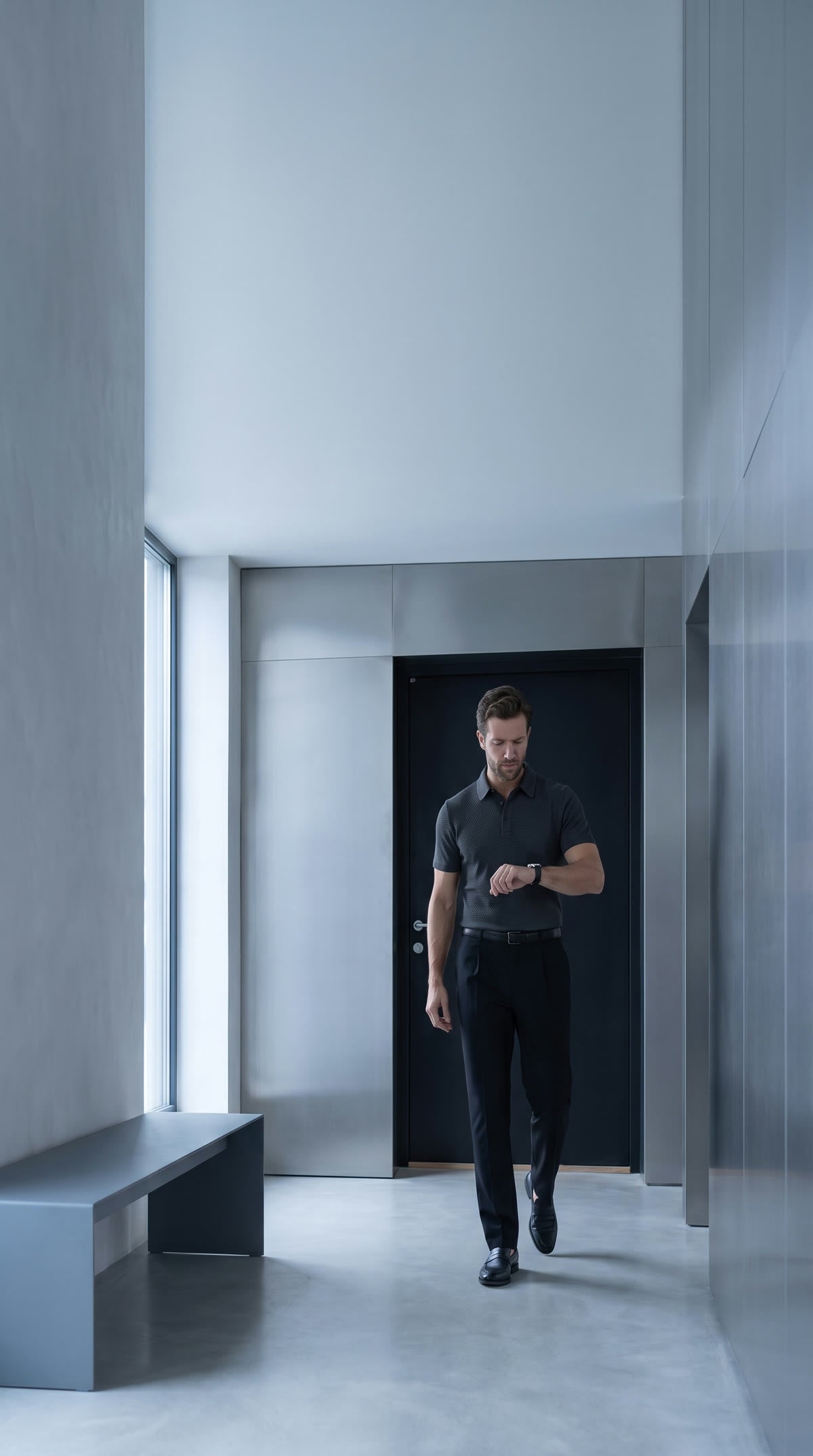 Hombre con polo ELEVAT y pantalón TwistFormal mirando el reloj