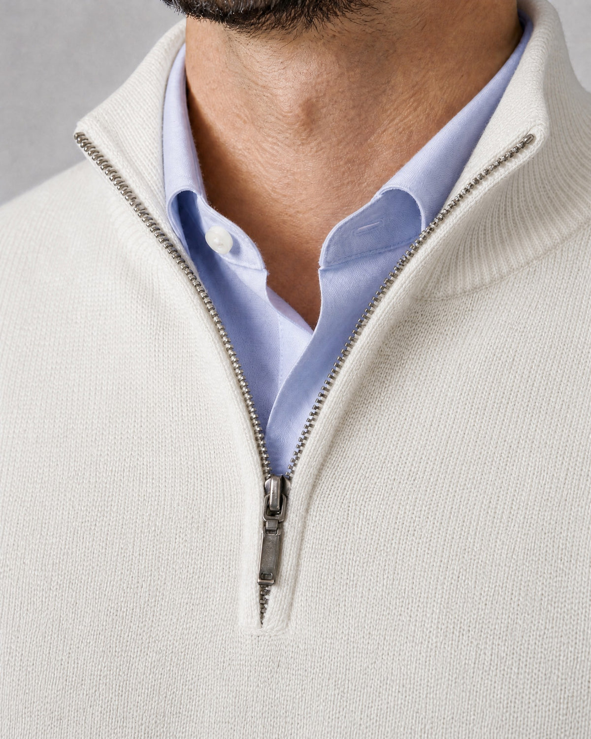 Primer plano del cuello alto, la cremallera y el punto del suéter WINDSOR blanco