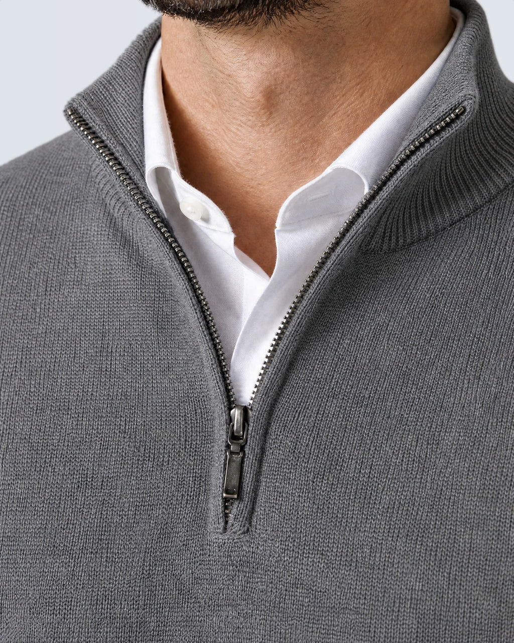 Primer plano del cuello alto, la cremallera y el punto del suéter WINDSOR gris