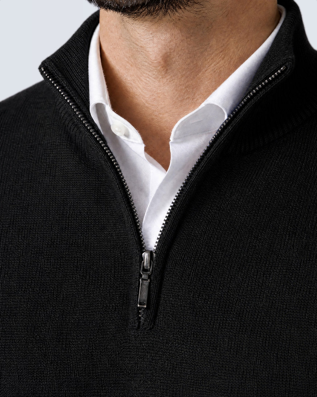 Primer plano del cuello alto, la cremallera y el punto del suéter WINDSOR negro