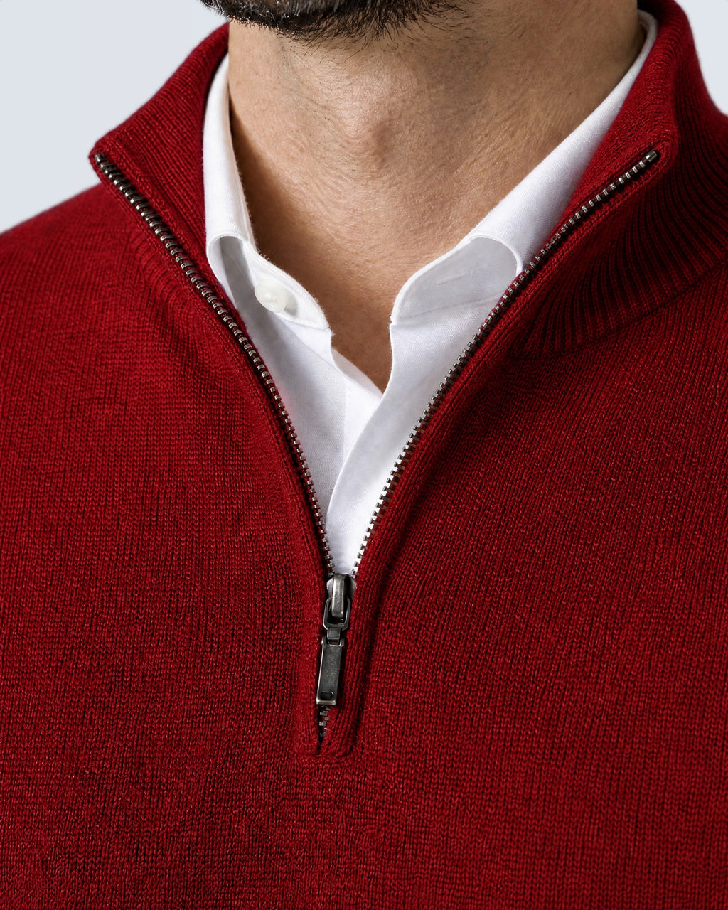 Primer plano del cuello alto, la cremallera y el punto del suéter WINDSOR rojo