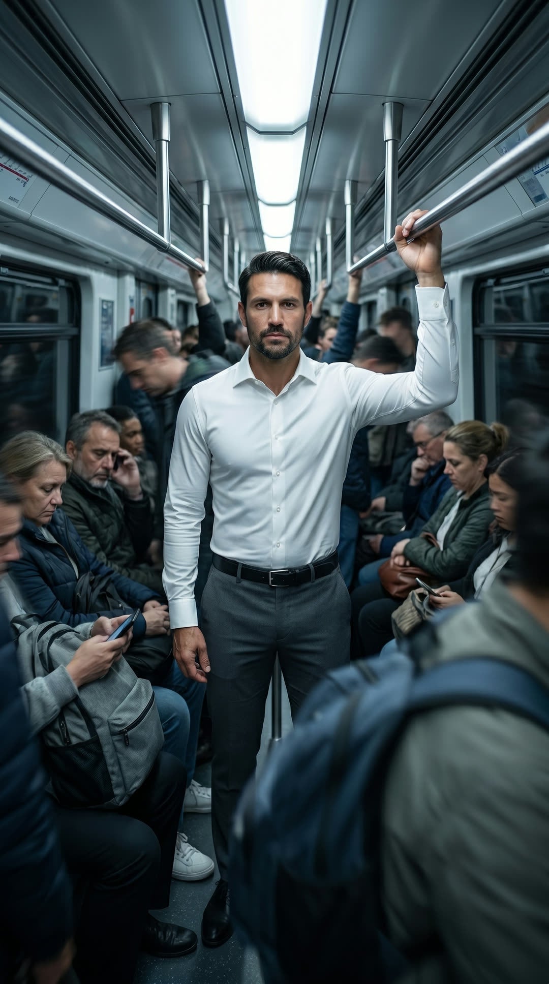 Hombre con camisa blanca impecable, erguido en un metro a hora punta